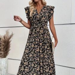 Talla L- Vestido negro con flores beige y mangas